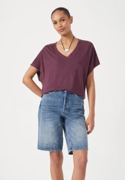 hush Tops & T-Shirts|Rosalia Linen Blend V Neck T-Shirt Burgundy Red