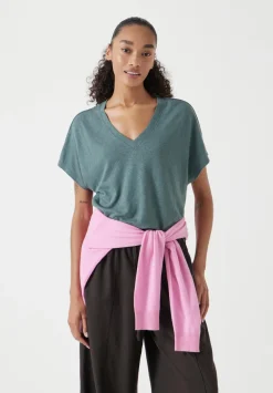 hush Tops & T-Shirts|Rosalia Linen Blend V Neck T-Shirt Sage Green