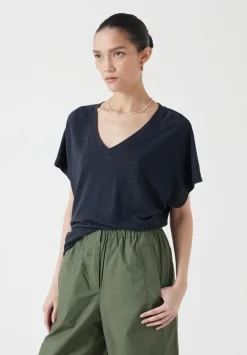 hush Tops & T-Shirts|Rosalia Linen Blend V Neck T-Shirt Dark Navy
