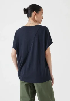hush Tops & T-Shirts|Rosalia Linen Blend V Neck T-Shirt Dark Navy