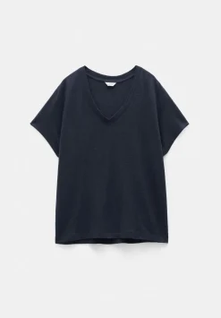 hush Tops & T-Shirts|Rosalia Linen Blend V Neck T-Shirt Dark Navy