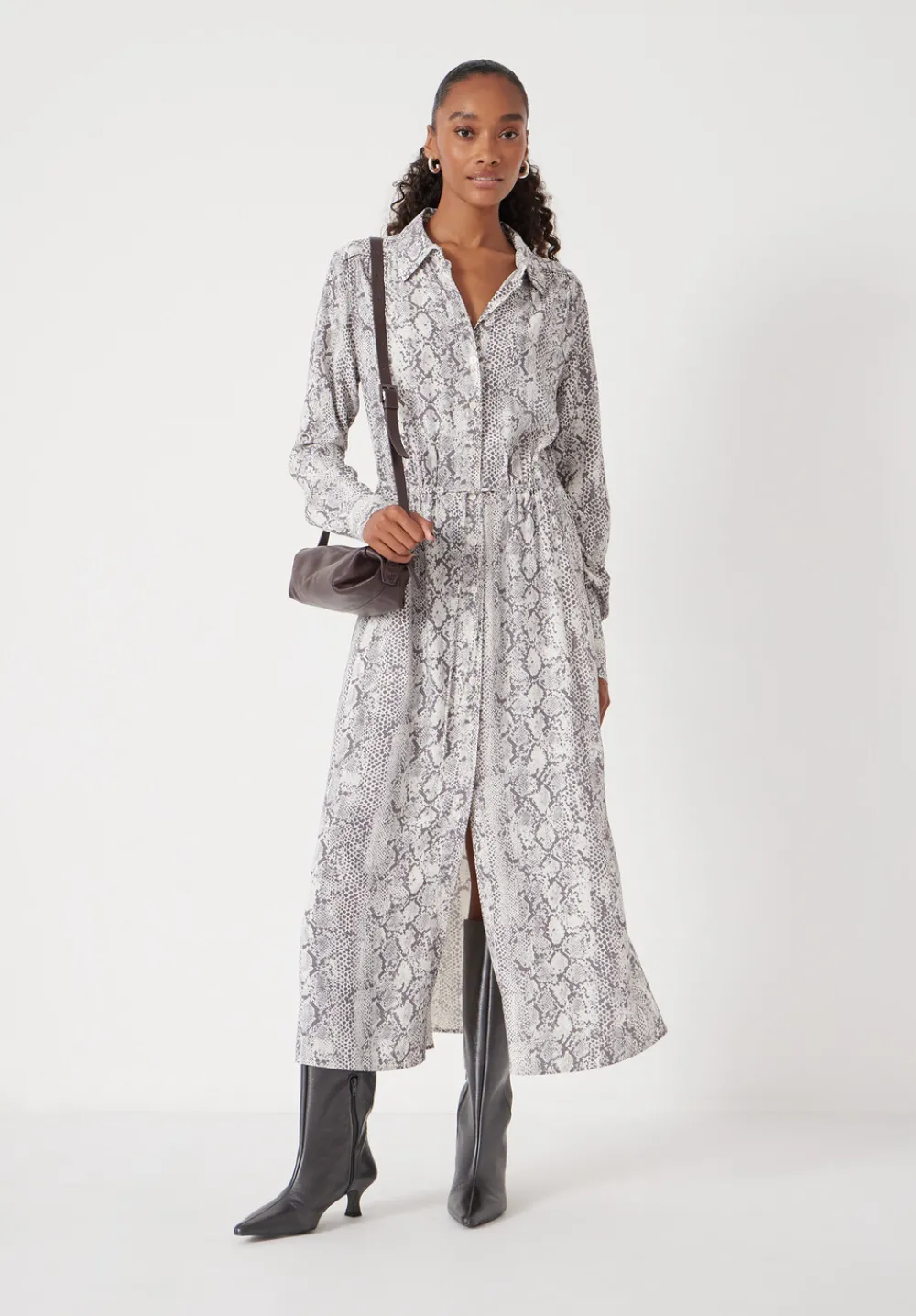 hush Dresses|Rosey Midi Shirt Dress Natural Snake Grey
