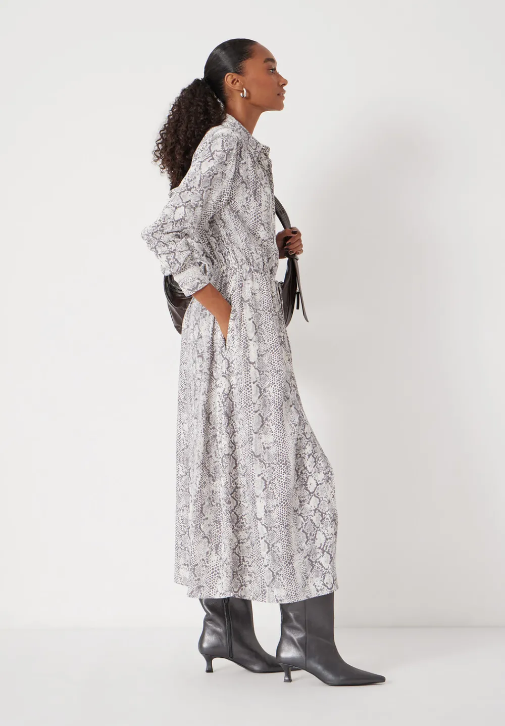 hush Dresses|Rosey Midi Shirt Dress Natural Snake Grey