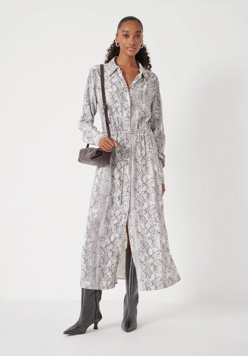 hush Dresses|Rosey Midi Shirt Dress Natural Snake Grey