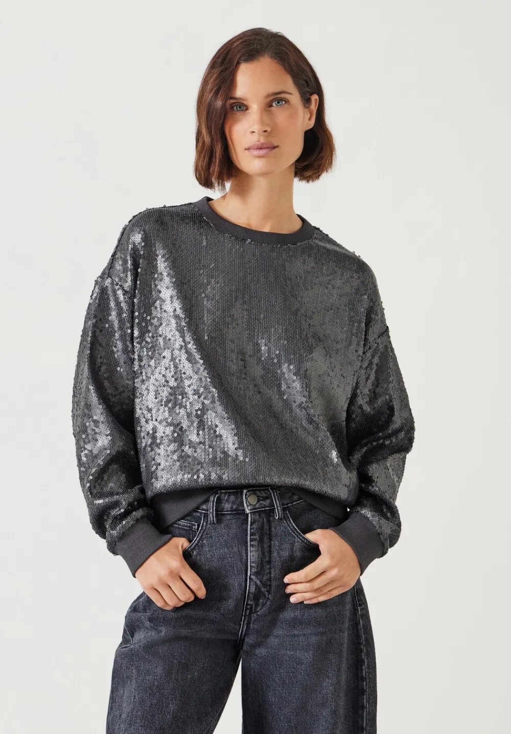 hush Sweatshirts & Hoodies|Sadie Sequin Sweatshirt Gunmetal Silver