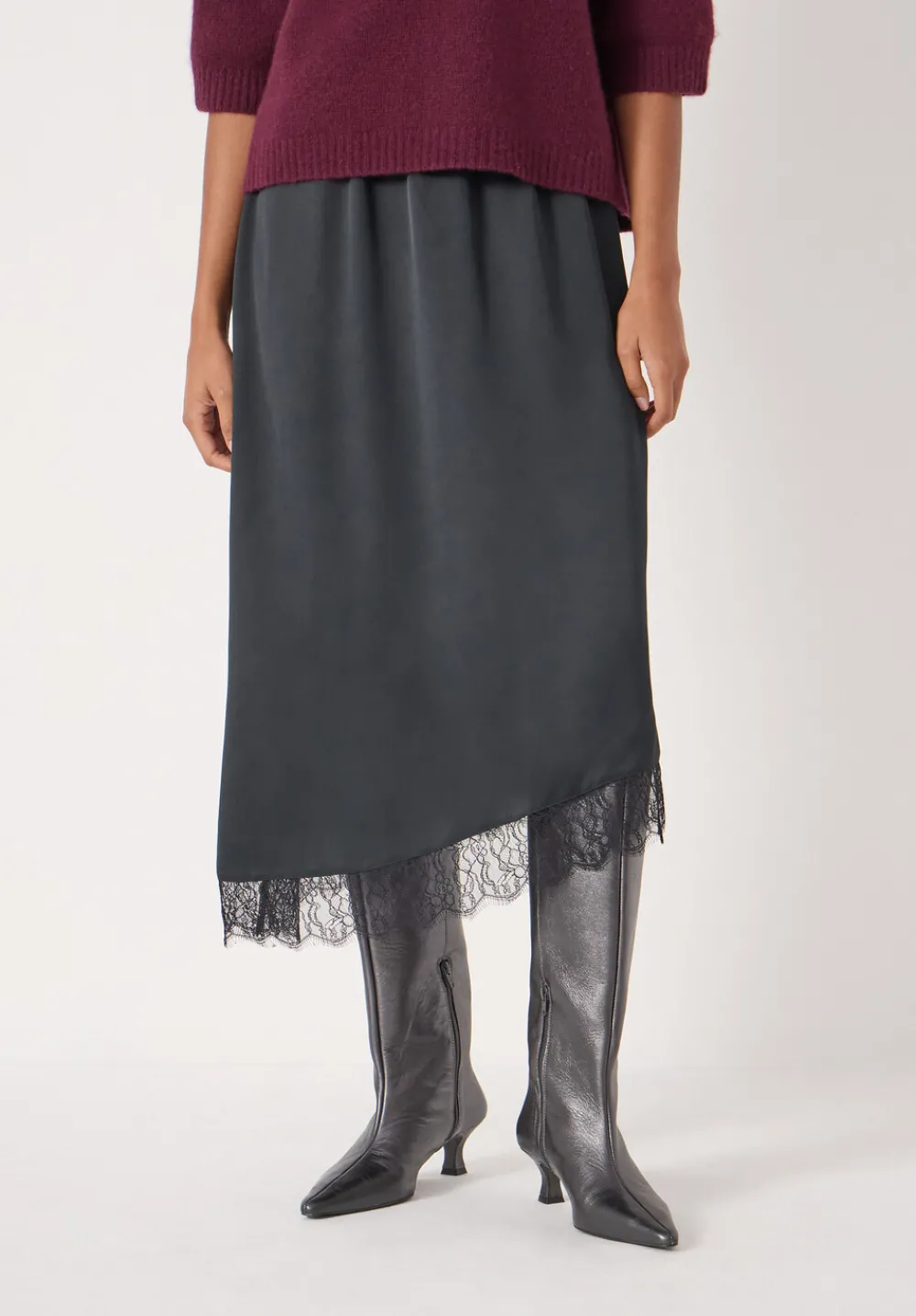 hush Skirts|Satin Asymmetric Lace Trim Skirt Black