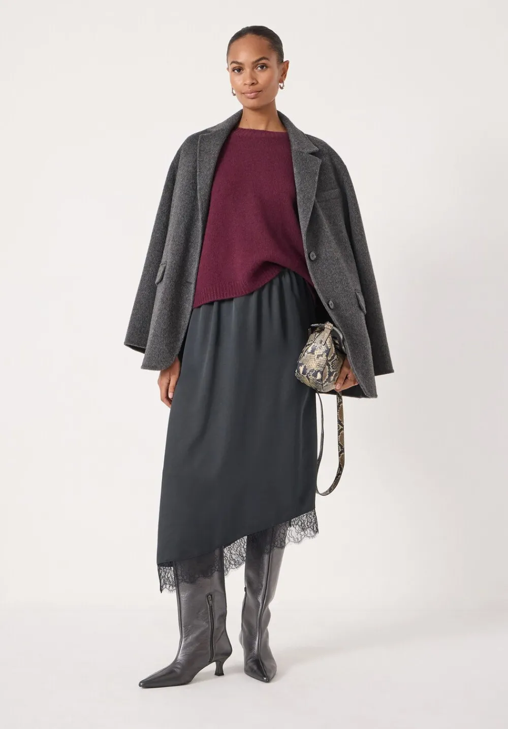 hush Skirts|Satin Asymmetric Lace Trim Skirt Black