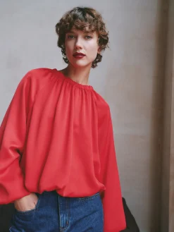 hush Shirts & Blouses|Satin Bubble Hem Top Fiery Red