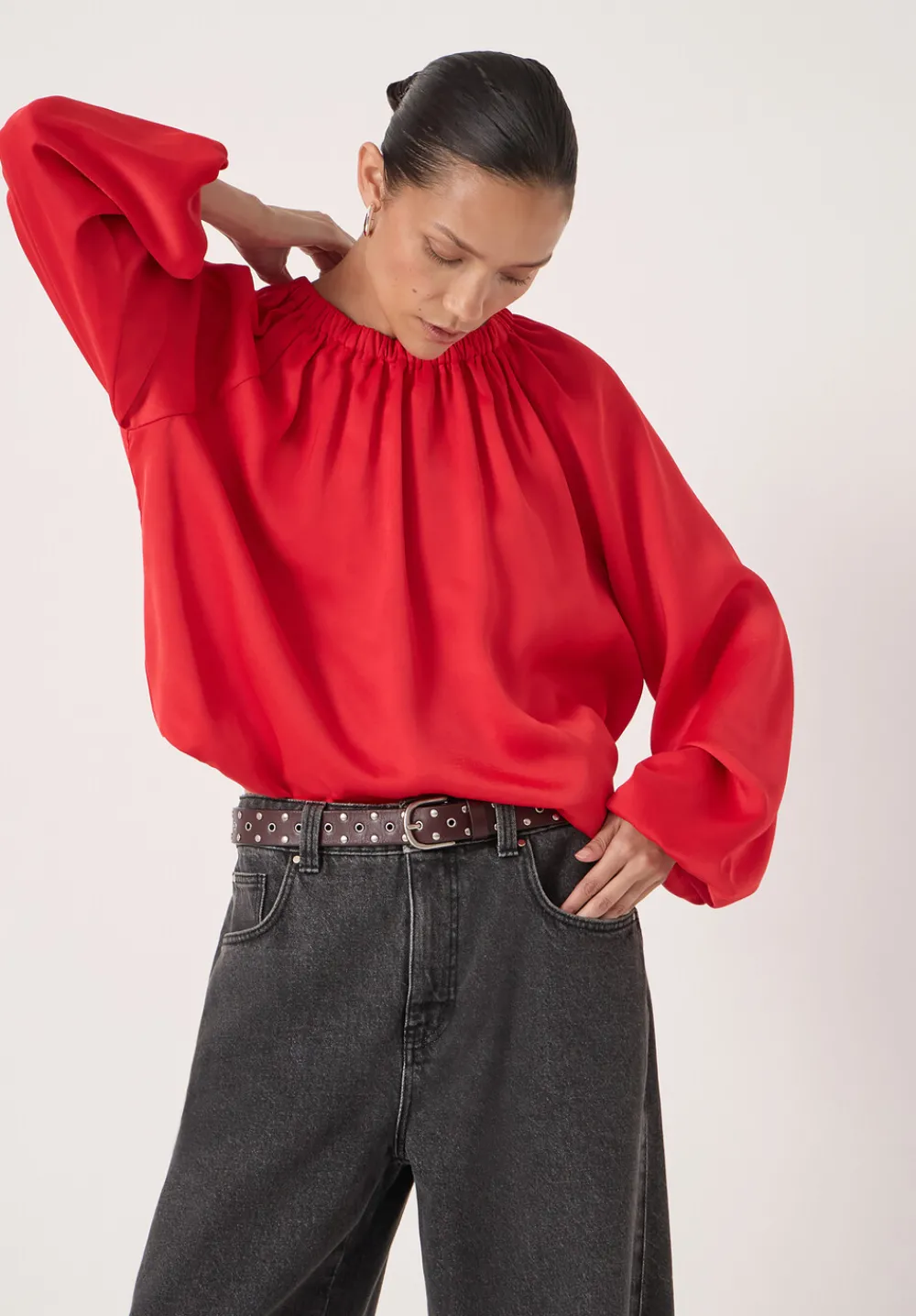 hush Shirts & Blouses|Satin Bubble Hem Top Fiery Red