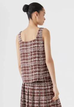 hush Tops & T-Shirts|Satin Twill Square Neckline Tank Top Brown and White Check