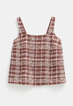 hush Tops & T-Shirts|Satin Twill Square Neckline Tank Top Brown and White Check