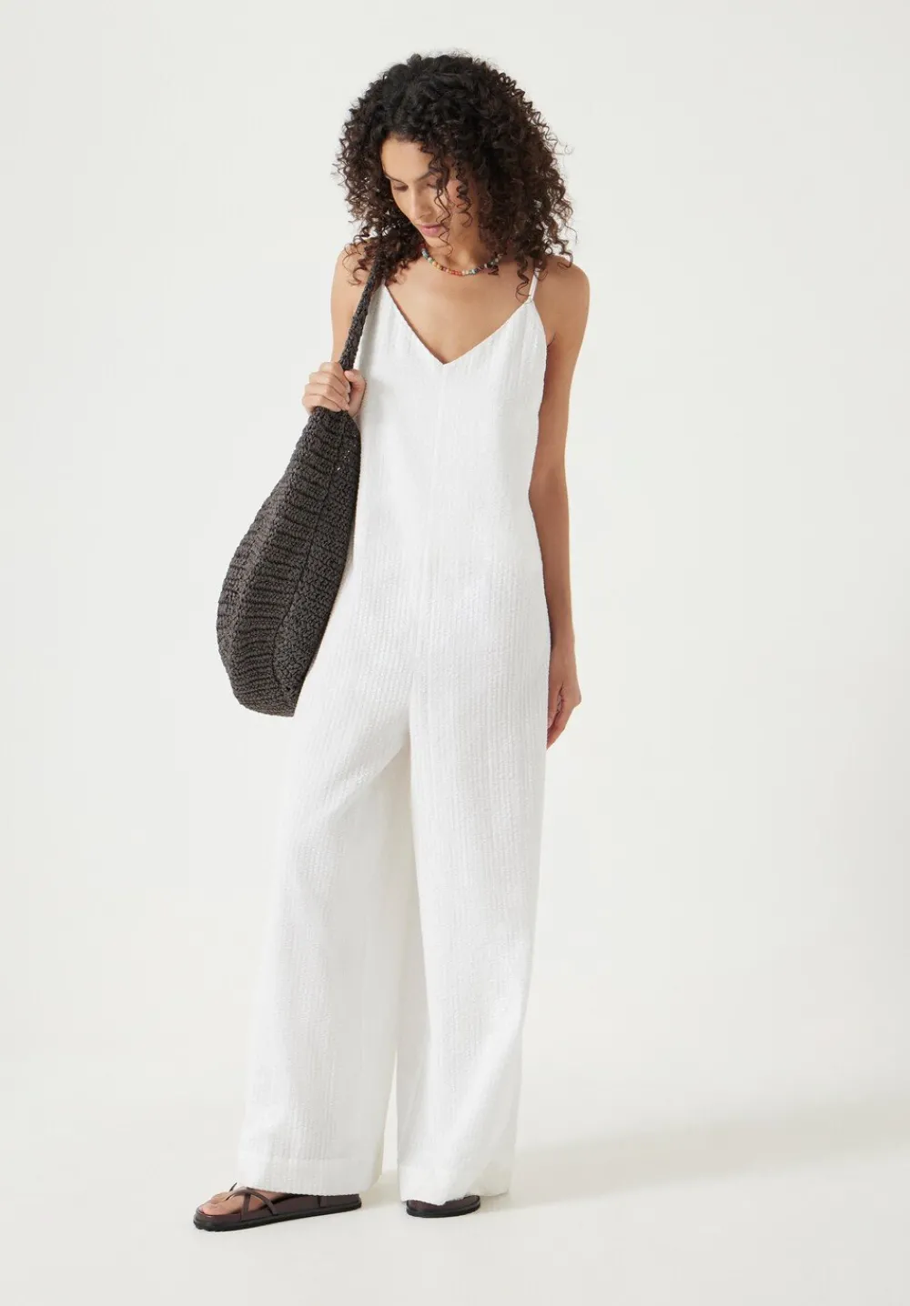 hush Jumpsuits|Dresses|Seersucker Cotton Wide Leg Jumpsuit White
