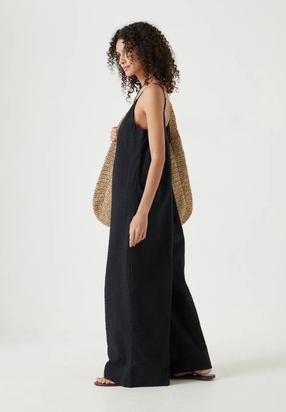 hush Jumpsuits|Dresses|Seersucker Cotton Wide Leg Jumpsuit Black