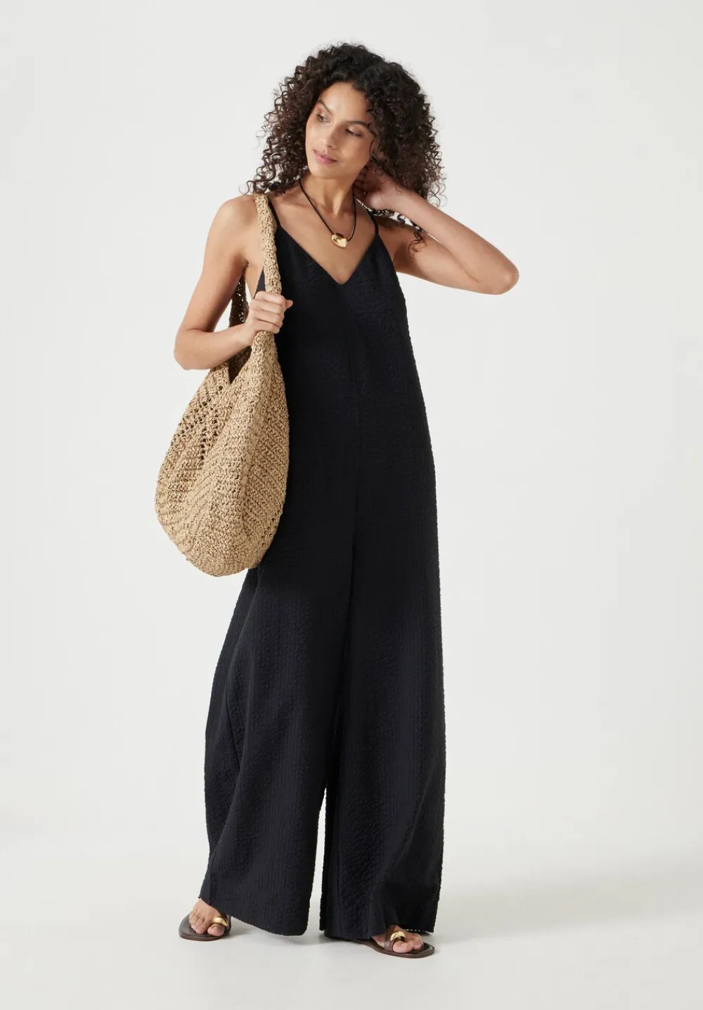 hush Jumpsuits|Dresses|Seersucker Cotton Wide Leg Jumpsuit Black