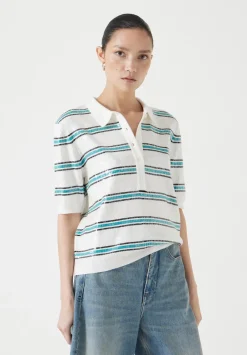 hush Tops & T-Shirts|Jumpers & Cardigans|Sequin Stripe Knitted Polo Top Ecru/ Teal Stripe