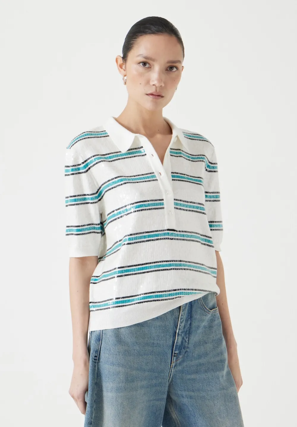 hush Tops & T-Shirts|Jumpers & Cardigans|Sequin Stripe Knitted Polo Top Ecru/ Teal Stripe