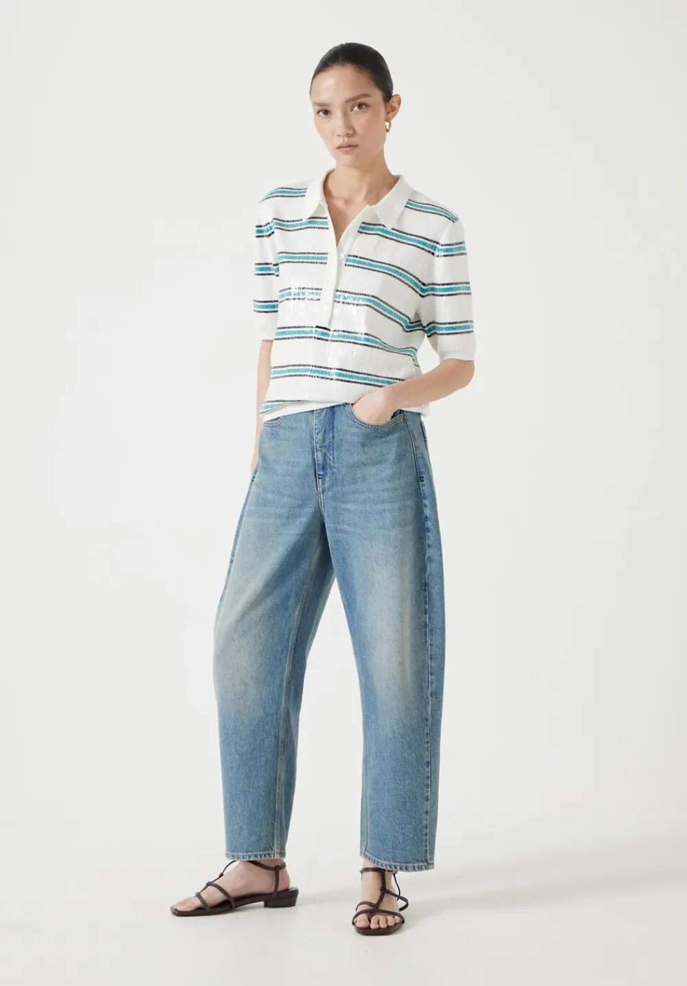 hush Tops & T-Shirts|Jumpers & Cardigans|Sequin Stripe Knitted Polo Top Ecru/ Teal Stripe