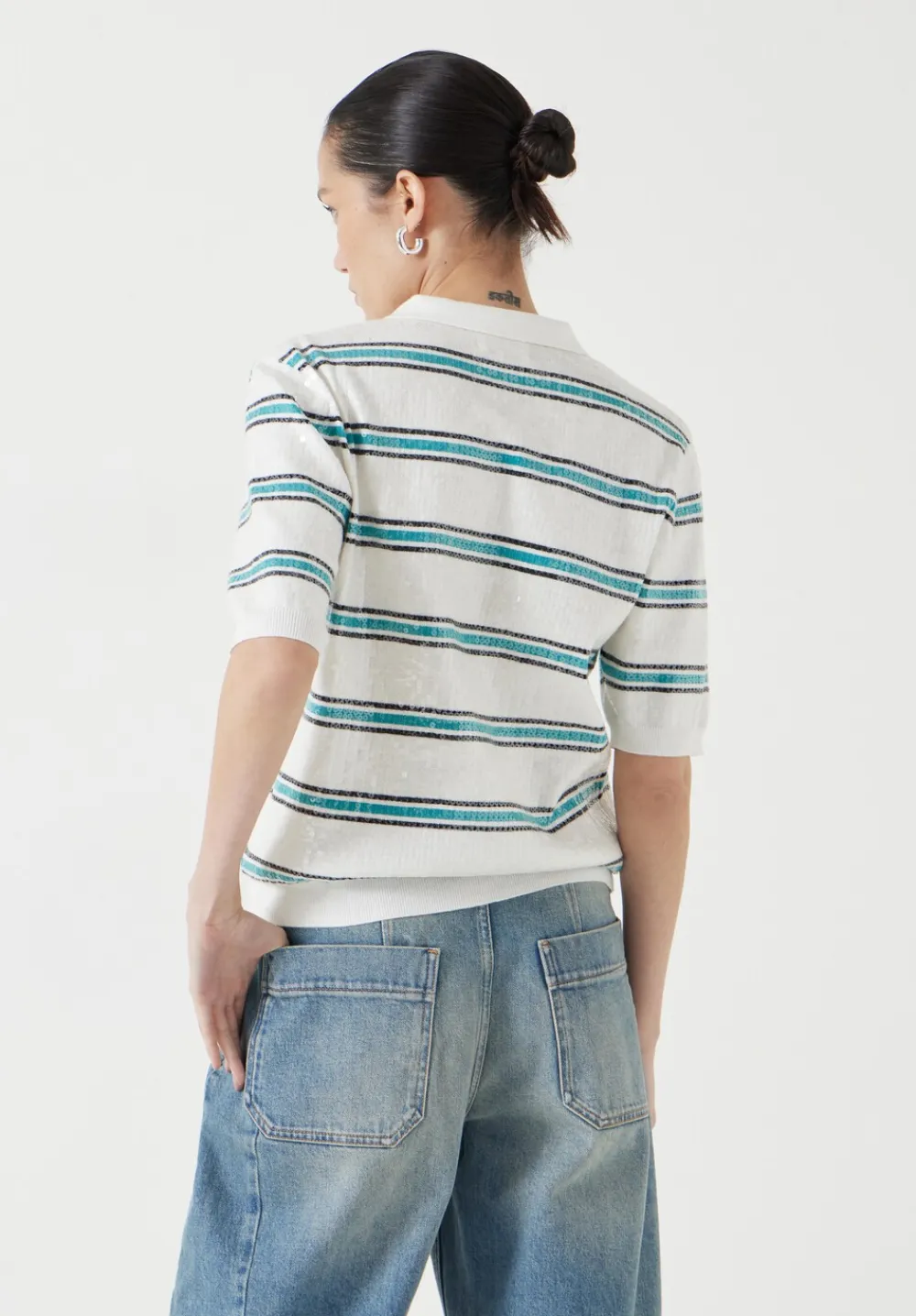 hush Tops & T-Shirts|Jumpers & Cardigans|Sequin Stripe Knitted Polo Top Ecru/ Teal Stripe