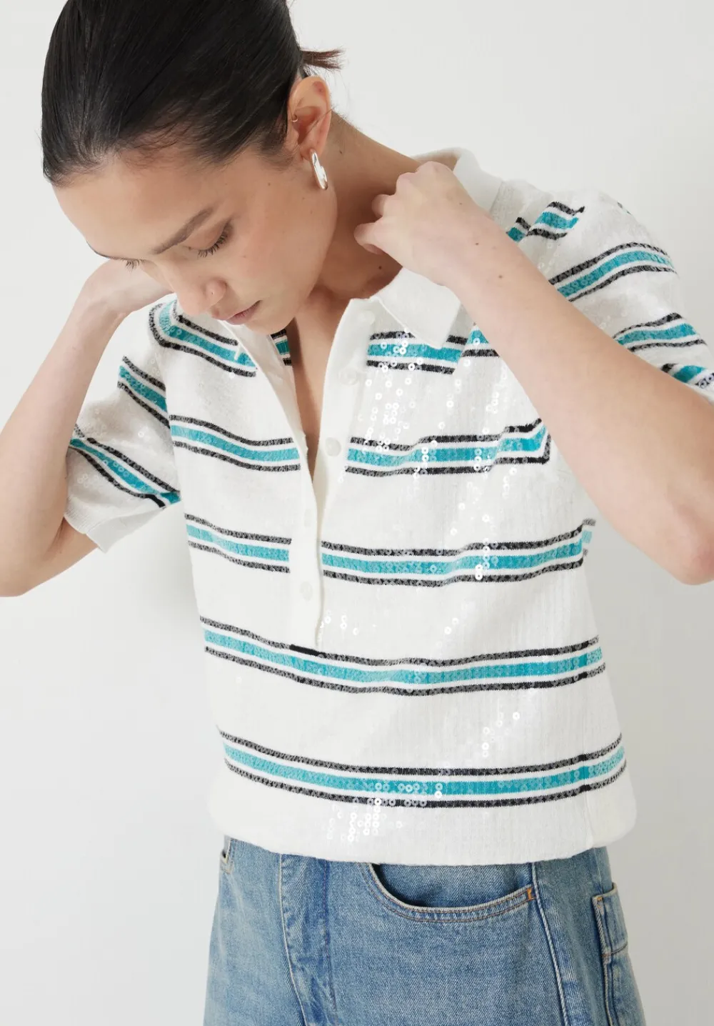 hush Tops & T-Shirts|Jumpers & Cardigans|Sequin Stripe Knitted Polo Top Ecru/ Teal Stripe
