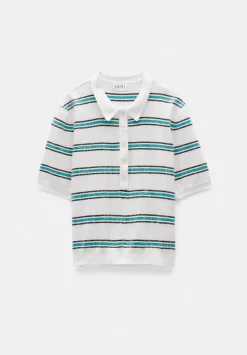 hush Tops & T-Shirts|Jumpers & Cardigans|Sequin Stripe Knitted Polo Top Ecru/ Teal Stripe