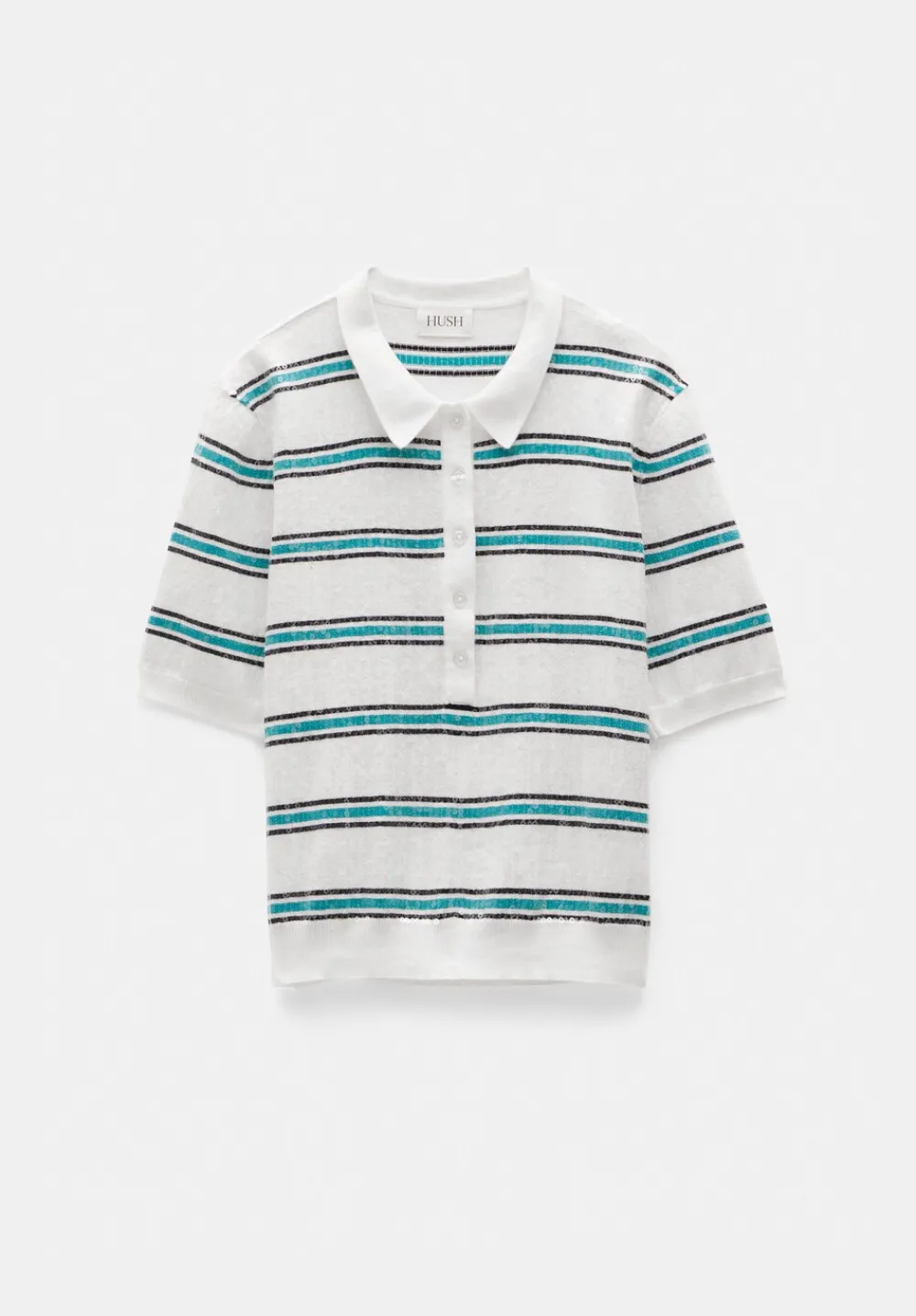 hush Tops & T-Shirts|Jumpers & Cardigans|Sequin Stripe Knitted Polo Top Ecru/ Teal Stripe