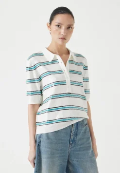 hush Tops & T-Shirts|Jumpers & Cardigans|Sequin Stripe Knitted Polo Top Ecru/ Teal Stripe