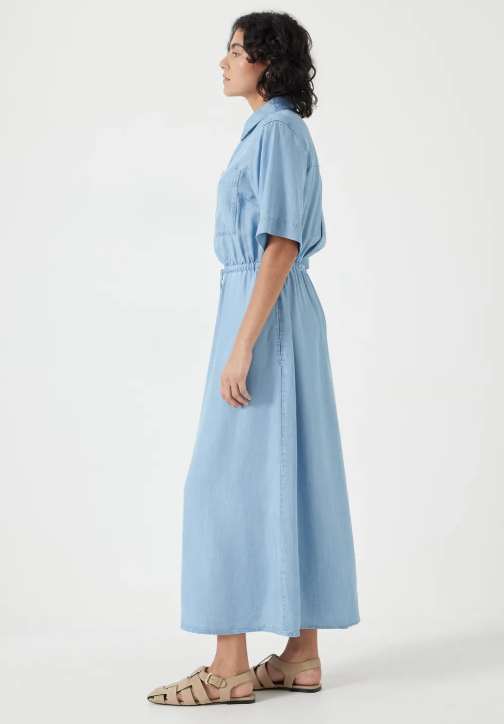 hush Dresses|Short Sleeve Chambray Midi Shirt Dress Light Blue