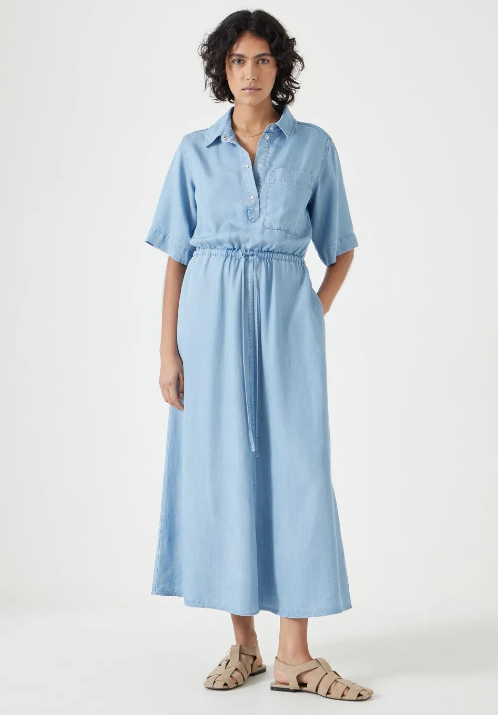 hush Dresses|Short Sleeve Chambray Midi Shirt Dress Light Blue