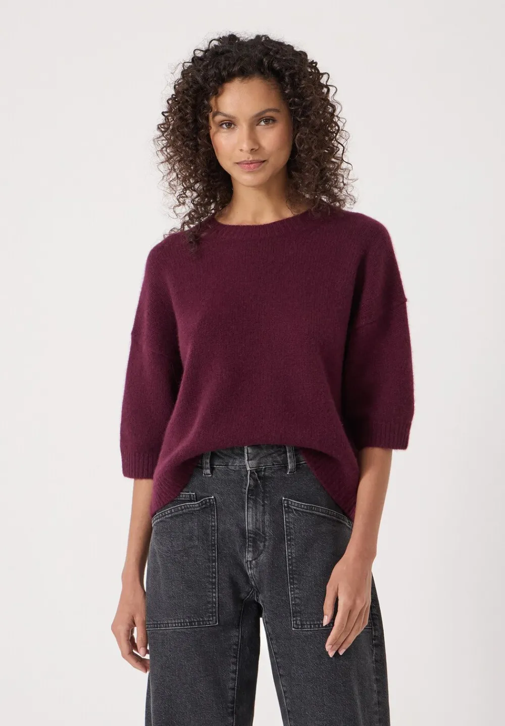 hush Jumpers & Cardigans|Short Sleeve Chunky Cashmere Tee Burgundy Purple
