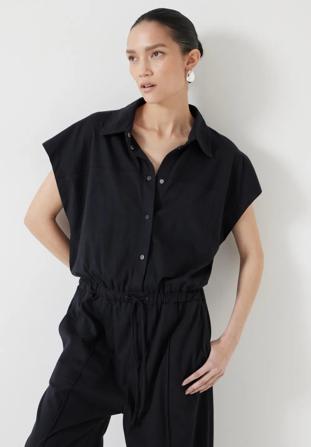 hush Jumpsuits|Dresses|Short Sleeve Wide Leg Jersey Jumpsuit Black