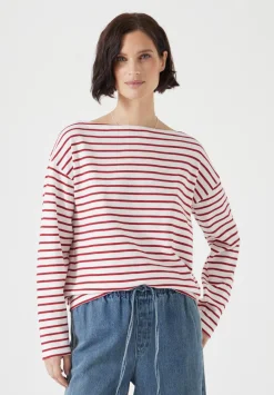 hush Tops & T-Shirts|Slash Neck Stripe Top Off White /Bright Red