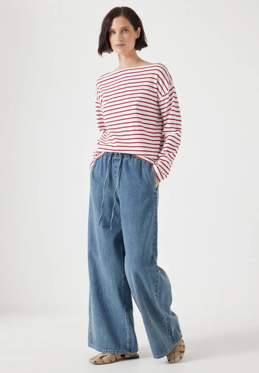 hush Tops & T-Shirts|Slash Neck Stripe Top Off White /Bright Red