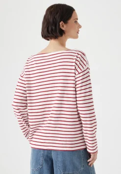hush Tops & T-Shirts|Slash Neck Stripe Top Off White /Bright Red