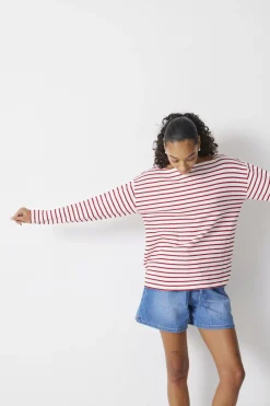 hush Tops & T-Shirts|Slash Neck Stripe Top Off White /Bright Red