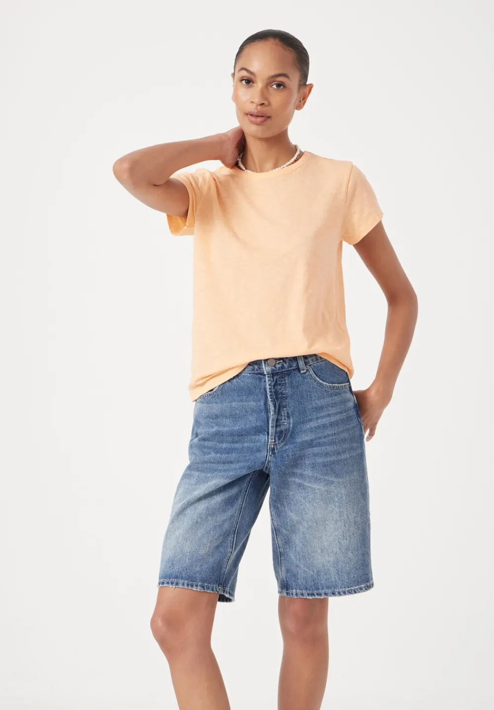 hush Tops & T-Shirts|Slim Fit Slub Cotton Crew Neck T-Shirt Peach Orange