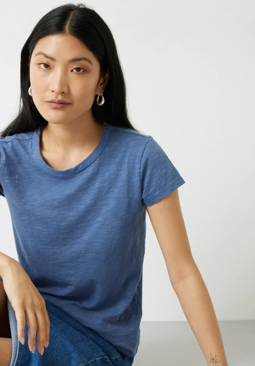 hush Tops & T-Shirts|Slim Fit Slub Cotton Crew Neck T-Shirt Denim Blue