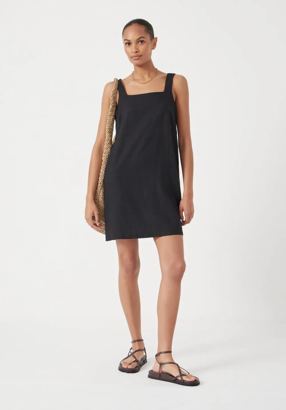 hush Dresses|Square Neck Linen Blend Mini Dress Washed Black