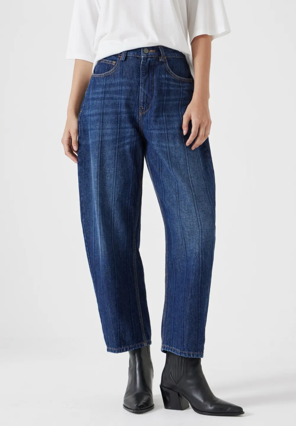 hush Jeans|Stripe Barrel Leg Jeans Dark Blue Wash