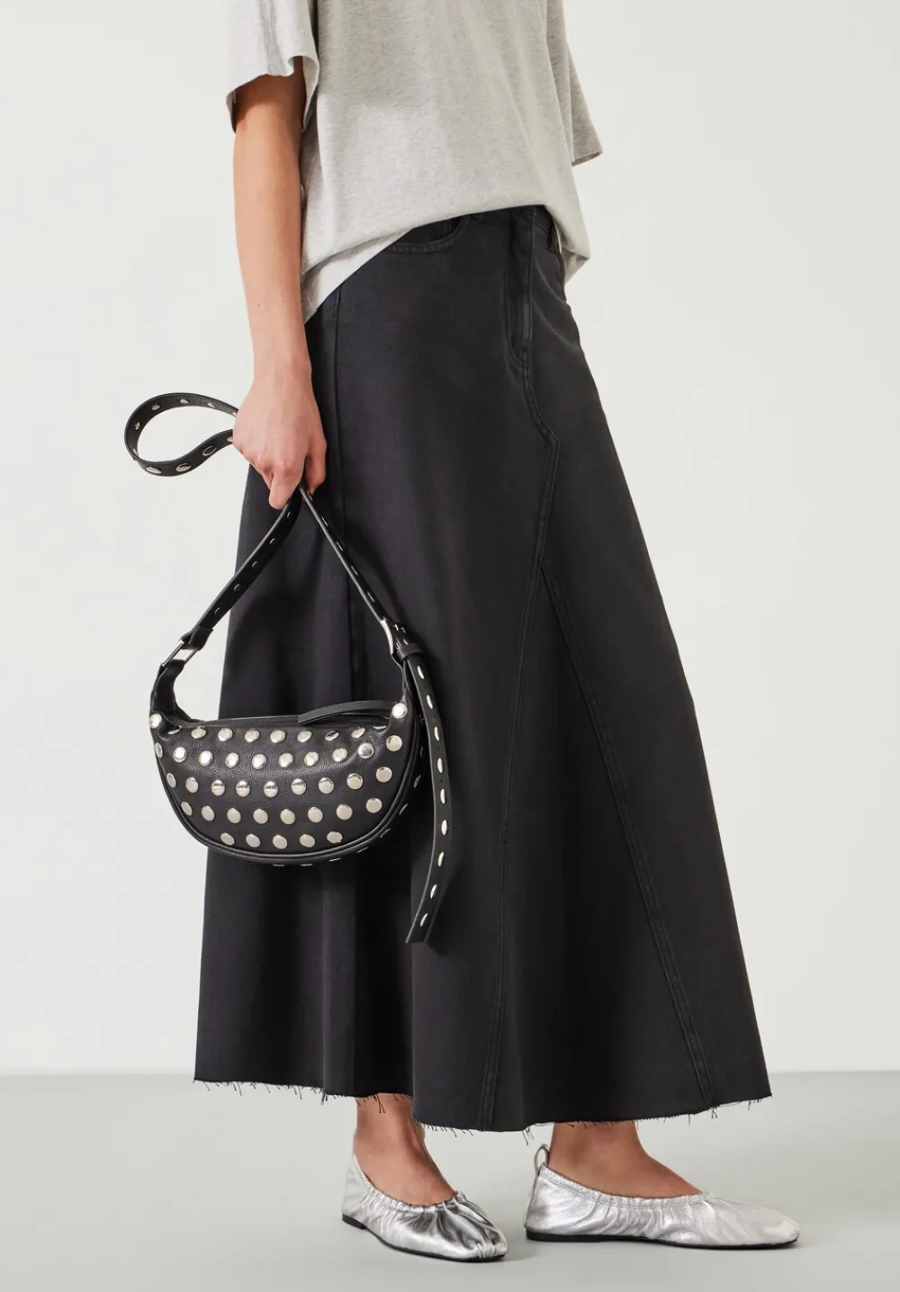 hush Bags|Studded Rory Crescent Leather Crossbody Bag Black