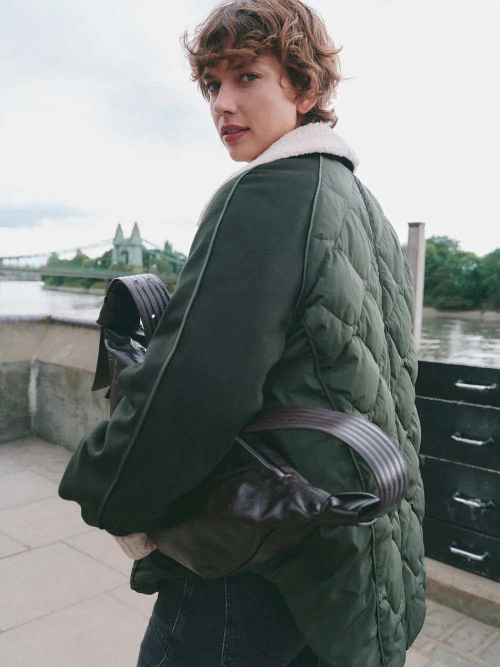 hush Jackets & Coats|Teddy Collar Quilt Mix Jacket Khaki
