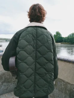 hush Jackets & Coats|Teddy Collar Quilt Mix Jacket Khaki