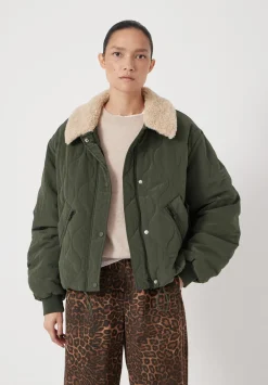 hush Jackets & Coats|Teddy Collar Quilted Bomber Grey Green