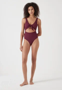 hush Swimwear & Beachwear|Tie Front Texture Swimsuit Burgundy Red