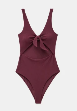 hush Swimwear & Beachwear|Tie Front Texture Swimsuit Burgundy Red