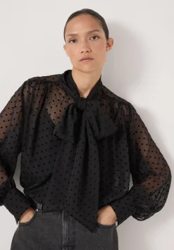 hush Shirts & Blouses|Tie Neck Flocked Spot Blouse Black