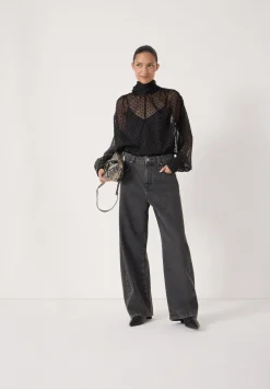 hush Shirts & Blouses|Tie Neck Flocked Spot Blouse Black