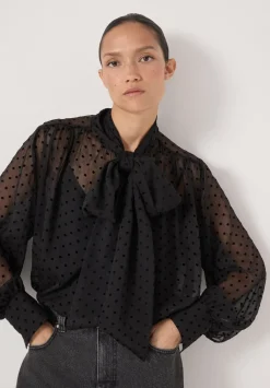 hush Shirts & Blouses|Tie Neck Flocked Spot Blouse Black