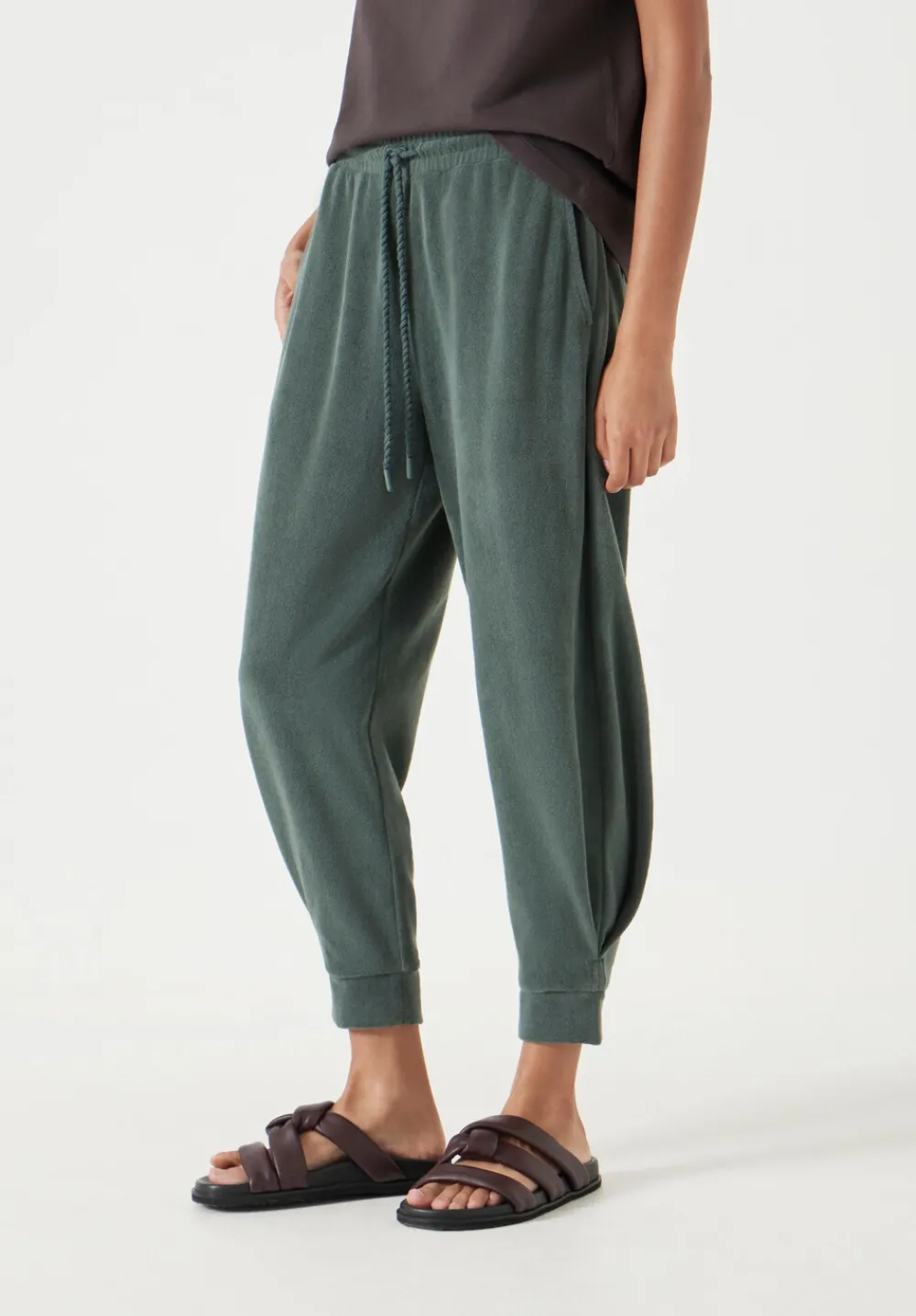 hush Trousers|Joggers & Leggings|Towelling Barrel Leg Pleat Joggers Sage Green