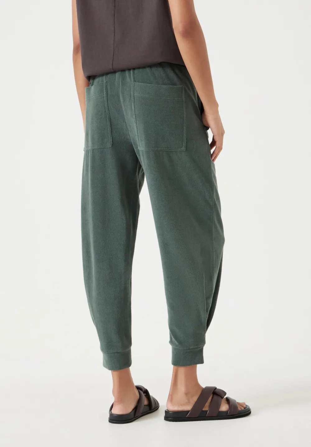 hush Trousers|Joggers & Leggings|Towelling Barrel Leg Pleat Joggers Sage Green