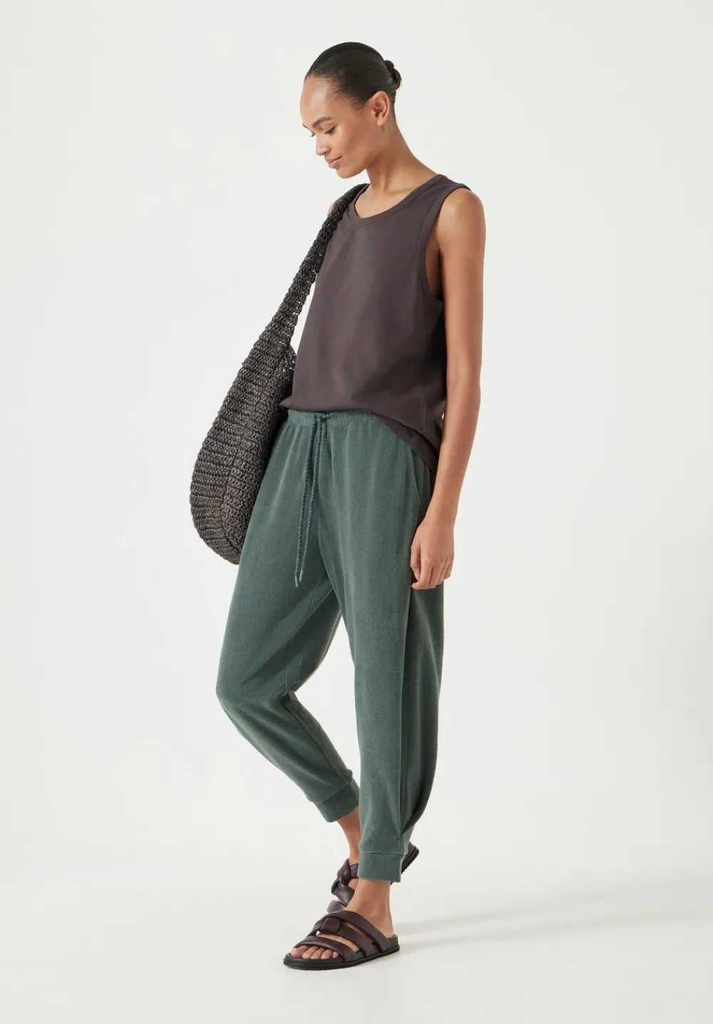 hush Trousers|Joggers & Leggings|Towelling Barrel Leg Pleat Joggers Sage Green